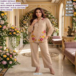Beige Jute Cotton Floral Embroidered Co-Ord Pant Set